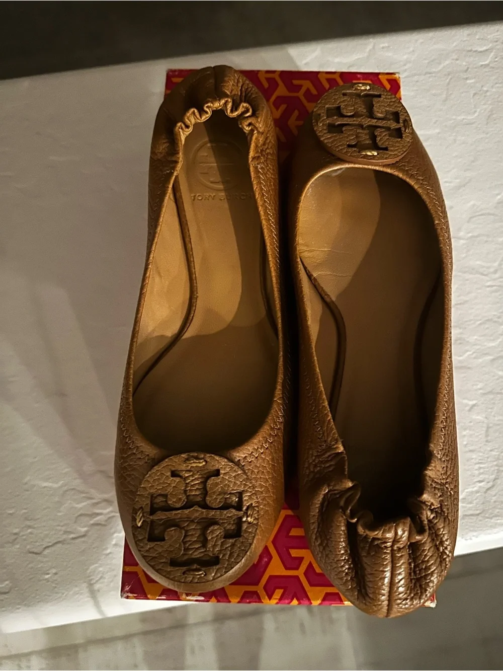 Tory Burch Cognac Leather Logo Ballet Flats
